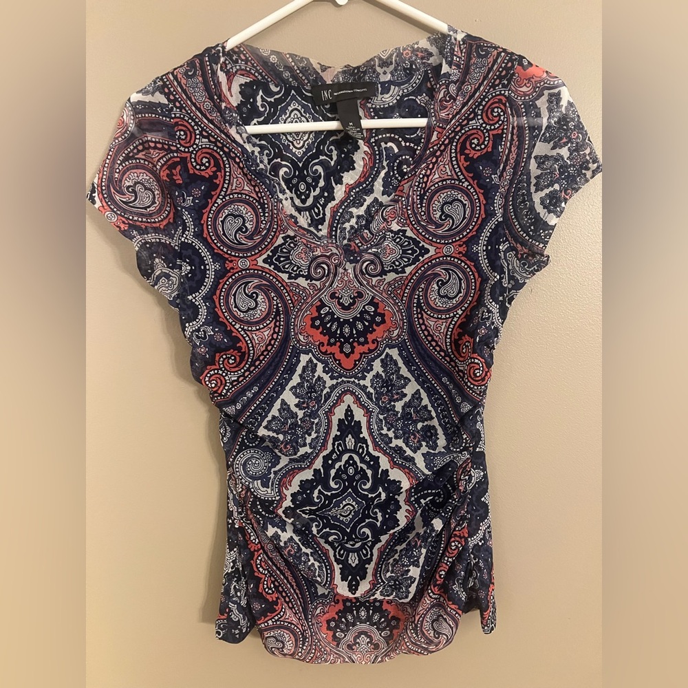INC International Concepts Paisley V-Neck Blouse - Navy, Coral, White